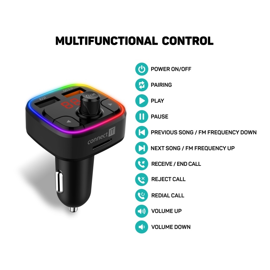 CONNECT IT CCC-9090-BK - LED RGB FM трансмитер за кола с функция свободни ръце черен