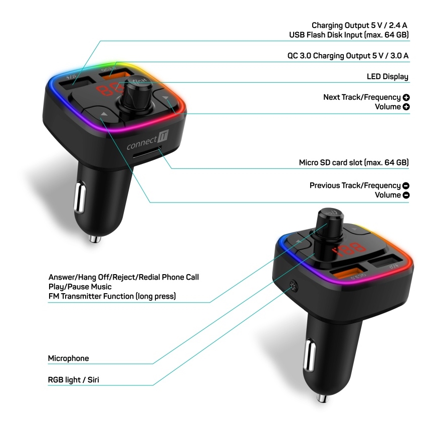 CONNECT IT CCC-9090-BK - LED RGB FM трансмитер за кола с функция свободни ръце черен