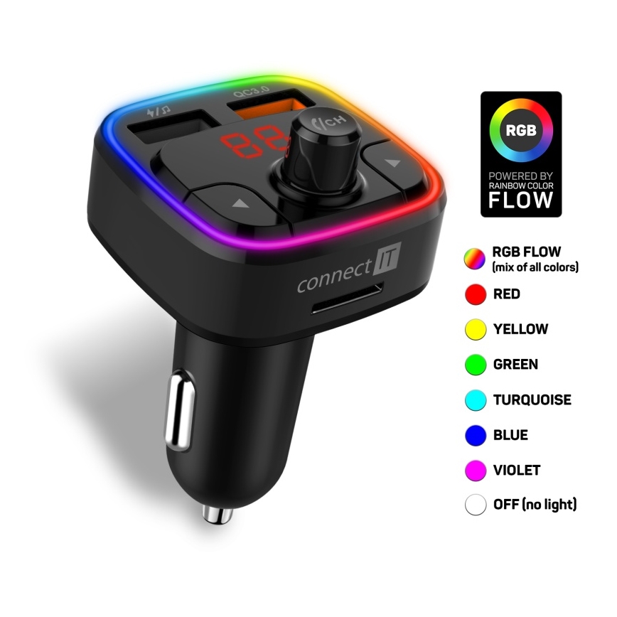 CONNECT IT CCC-9090-BK - LED RGB FM трансмитер за кола с функция свободни ръце черен