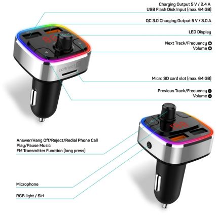 CONNECT IT CCC-9090-SL - LED RGB FM трансмитер за кола с функция свободни ръце черен/сребрист
