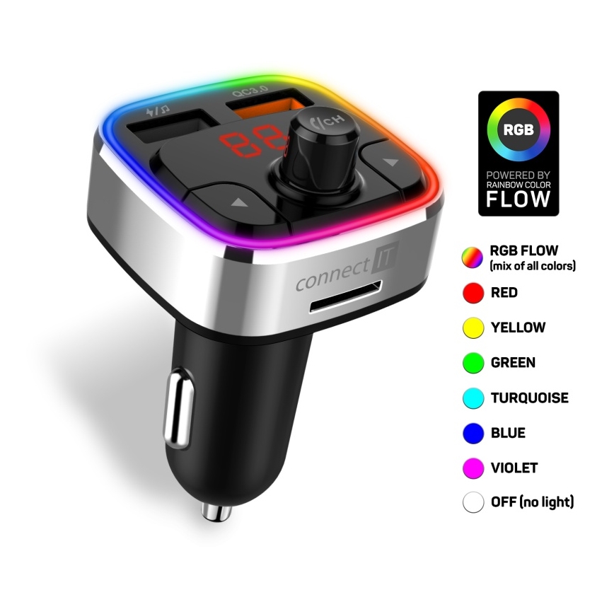 CONNECT IT CCC-9090-SL - LED RGB FM трансмитер за кола с функция свободни ръце черен/сребрист