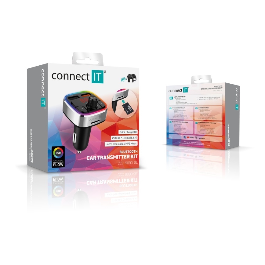 CONNECT IT CCC-9090-SL - LED RGB FM трансмитер за кола с функция свободни ръце черен/сребрист