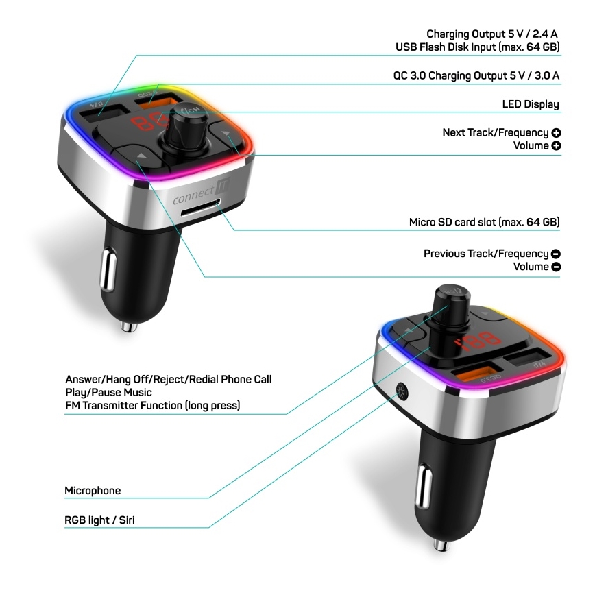 CONNECT IT CCC-9090-SL - LED RGB FM трансмитер за кола с функция свободни ръце черен/сребрист