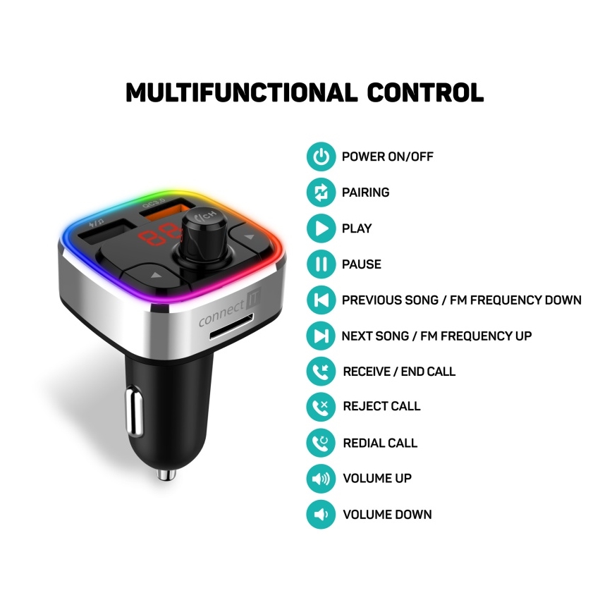 CONNECT IT CCC-9090-SL - LED RGB FM трансмитер за кола с функция свободни ръце черен/сребрист