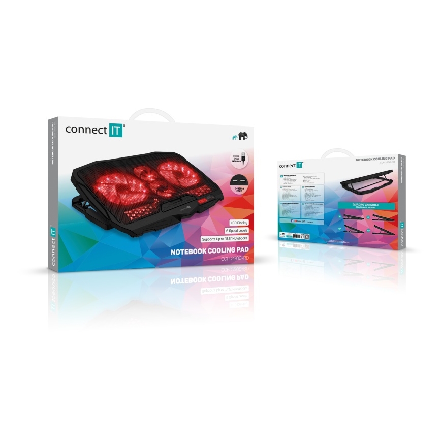 CONNECT IT CCP-2200-RD - Охладител за лаптоп 4x вентилатор 2xUSB черен/червен