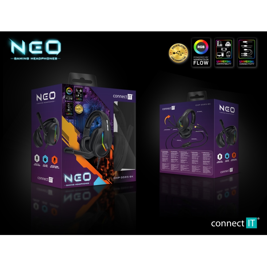 CONNECT IT CHP-3595-BK - LED RGB Гейминг слушалки с кабел с микрофон черен