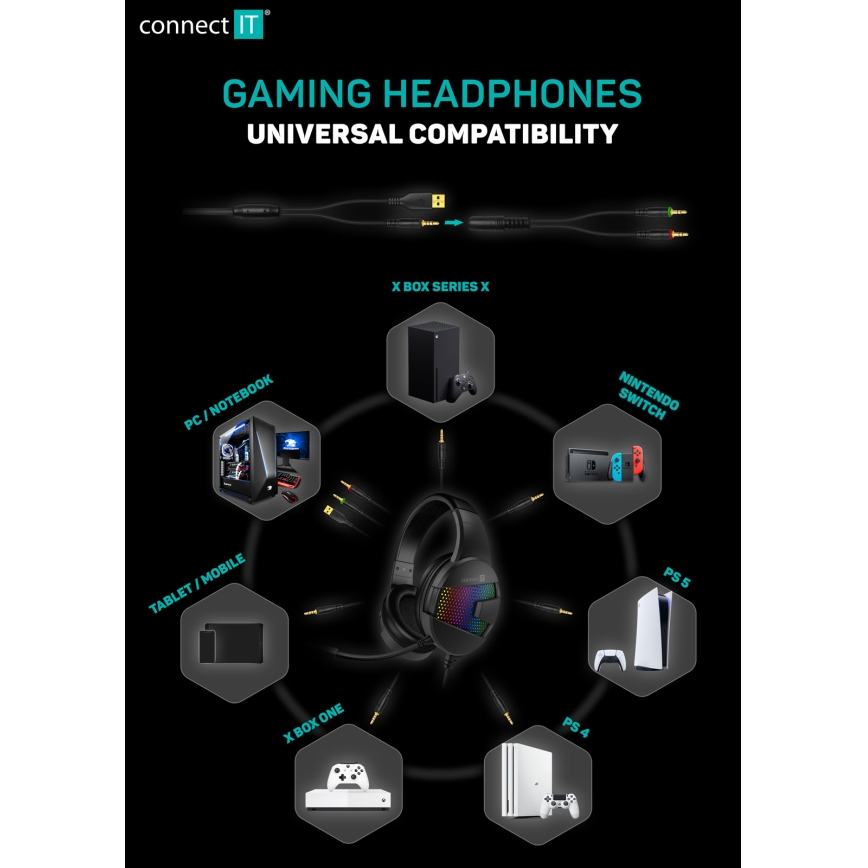 CONNECT IT CHP-3595-BK - LED RGB Гейминг слушалки с кабел с микрофон черен