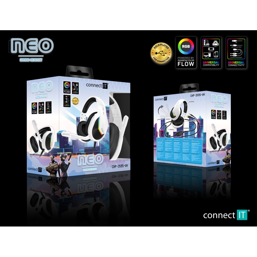 CONNECT IT CHP-3595-WH - LED RGB Гейминг слушалки с кабел с микрофон бял/черен
