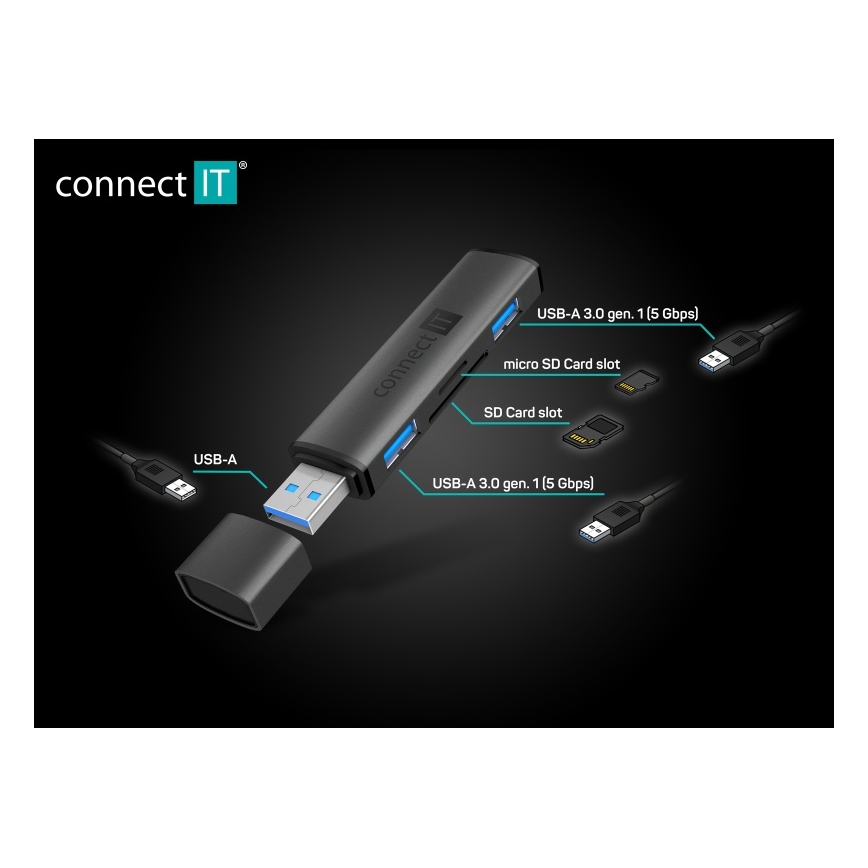CONNECT IT CHU-4060-AN - USB-A hub с четец за карти памет 4в1
