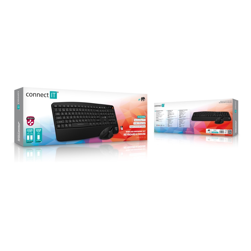 CONNECT IT CKM-6010-CS - Ергономична безжична клавиатура и мишка 800/1200/1600/2400 DPI с CZ/SK локализация 1xAA + 2xAAA черен