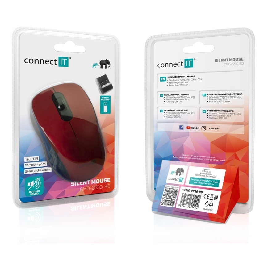 CONNECT IT CMO-2230-RD - Безшумна безжична мишка MUTE 1200 DPI 1xAA черен/червен