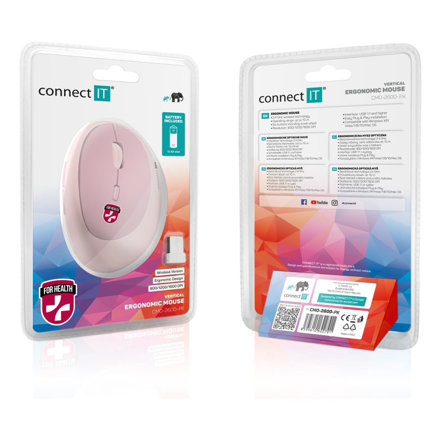 CONNECT IT CMO-2600-PK - Ергономична безжична мишка с регулируемо DPI 800/1200/1600, захранване 1xAA, розова