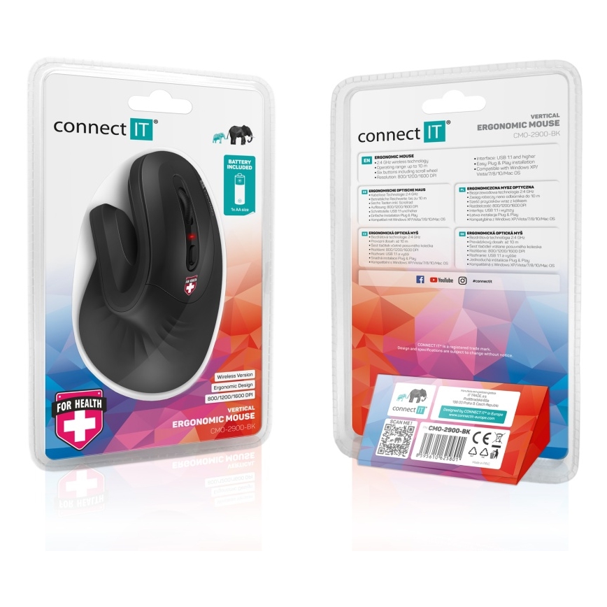 CONNECT IT CMO-2900-BK - Ергономична безжична мишка 800/1200/1600 DPI 1xAA черен