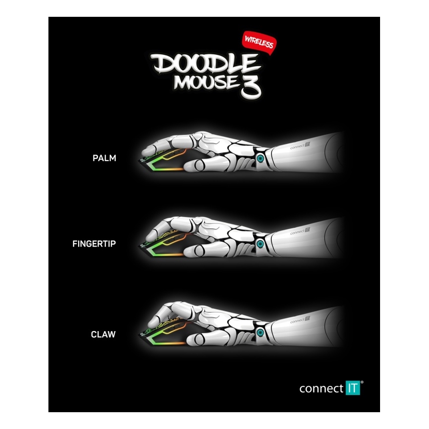 CONNECT IT CMO-3530-DD - LED RGB Презареждаща се безжична геймърска мишка 800/1200/1600/2400/4800 DPI 600 mAh черен