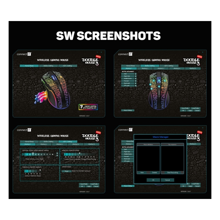 CONNECT IT CMO-3530-DD - LED RGB Презареждаща се безжична геймърска мишка 800/1200/1600/2400/4800 DPI 600 mAh черен