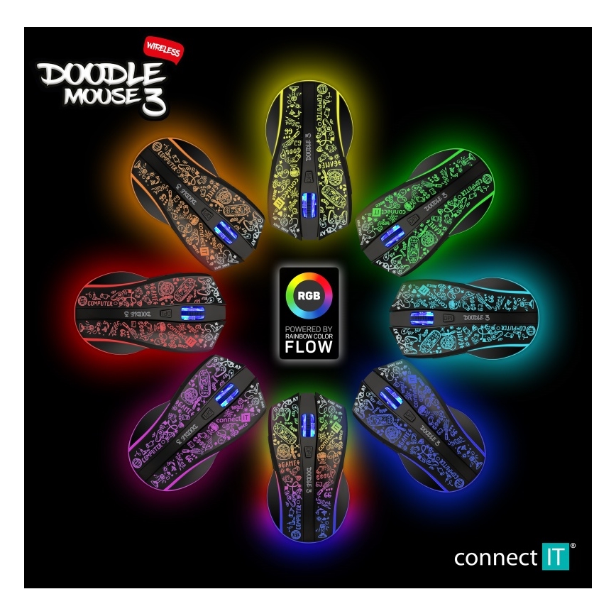 CONNECT IT CMO-3530-DD - LED RGB Презареждаща се безжична геймърска мишка 800/1200/1600/2400/4800 DPI 600 mAh черен