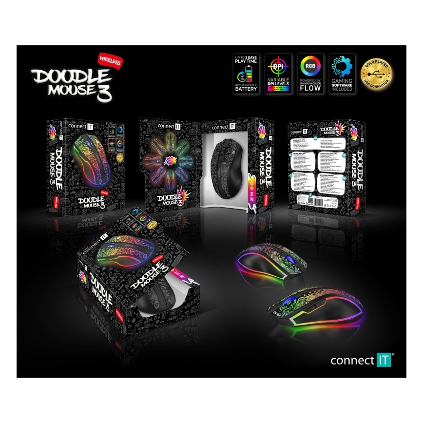 CONNECT IT CMO-3530-DD - LED RGB Презареждаща се безжична геймърска мишка 800/1200/1600/2400/4800 DPI 600 mAh черен