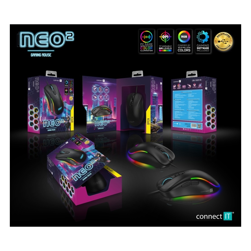 CONNECT IT CMO-3589-BK - LED RGB Жична геймърска мишка 200-7200 DPI черен
