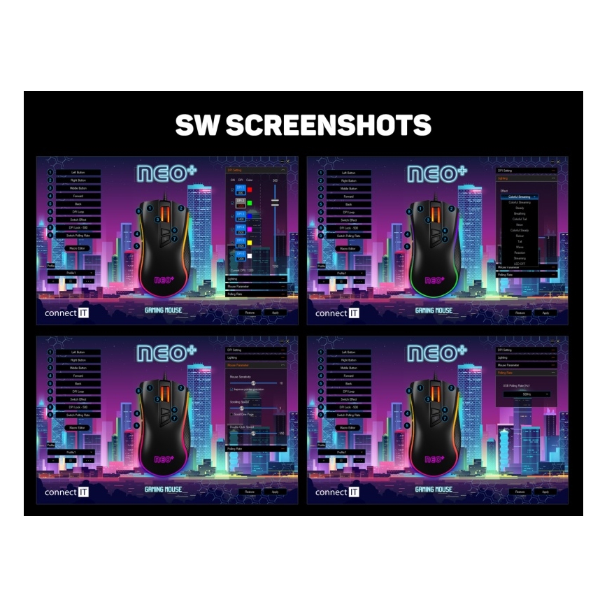 CONNECT IT CMO-3591-BK - LED RGB жична геймърска мишка 500-7200 DPI черна