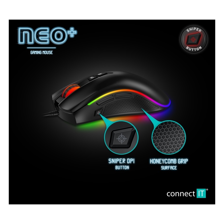 CONNECT IT CMO-3591-BK - LED RGB жична геймърска мишка 500-7200 DPI черна