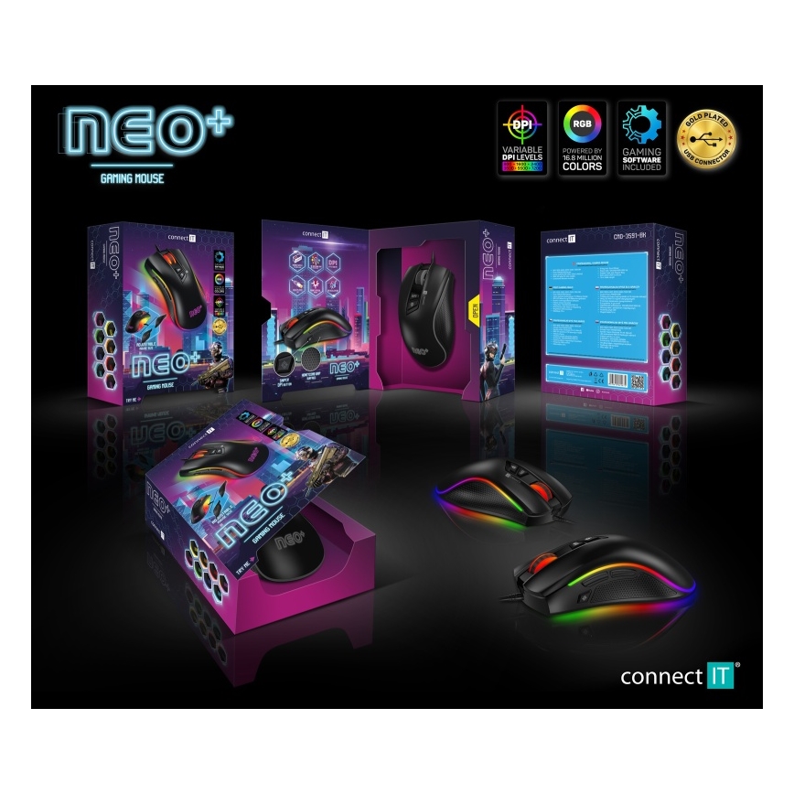 CONNECT IT CMO-3591-BK - LED RGB жична геймърска мишка 500-7200 DPI черна