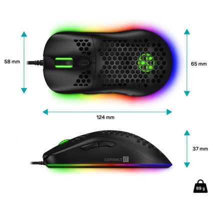 CONNECT IT CMO-5511-BK - LED RGB Жична геймърска мишка 200-12800 DPI черен