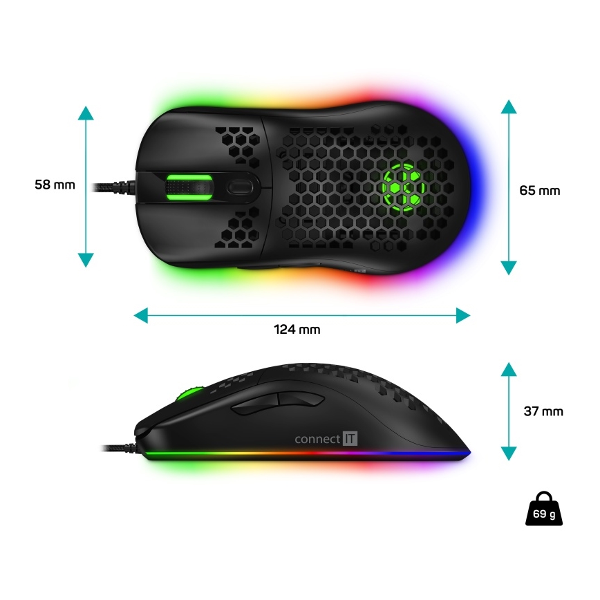 CONNECT IT CMO-5511-BK - LED RGB Жична геймърска мишка 200-12800 DPI черен