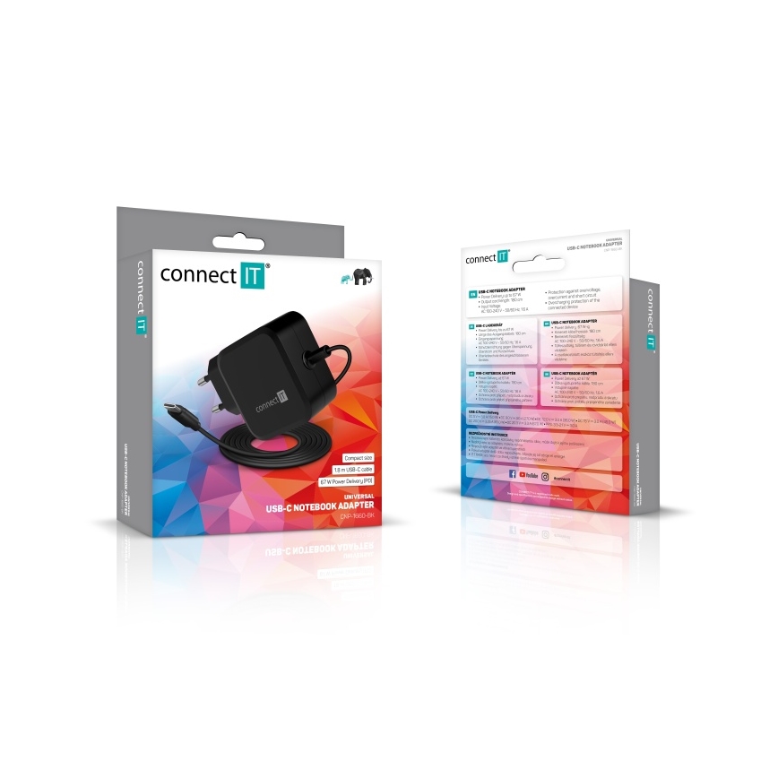 CONNECT IT CNP-1660-BK - Универсален захранващ адаптер за лаптопи USB-C 67W