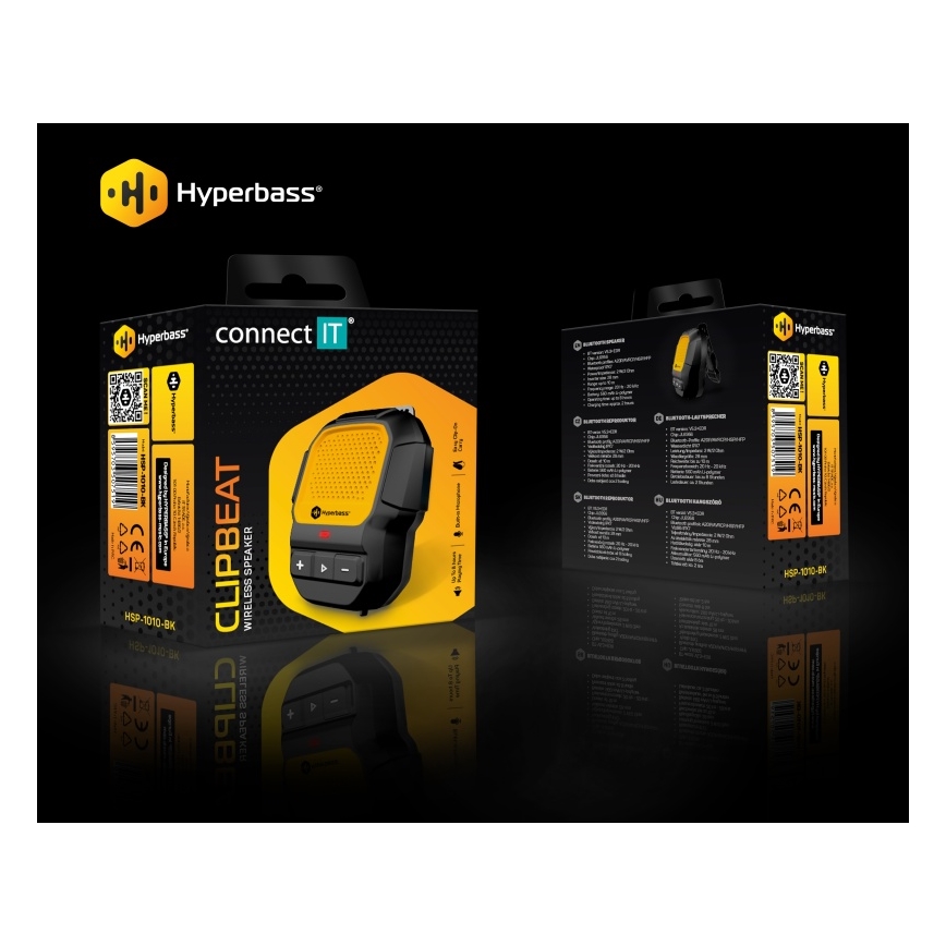 CONNECT IT HSP-1010-BK - Безжичен високоговорител с вграден микрофон ClipBEAT 2W/5V 560 mAh IPX7 черен/жълт