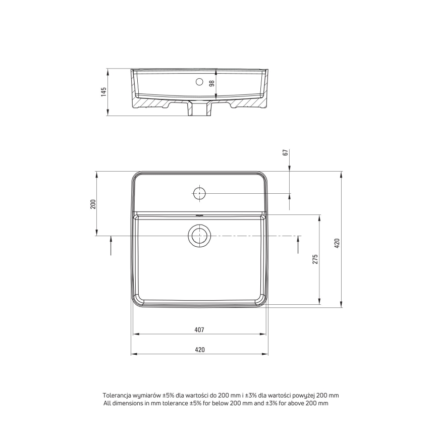 Deante CGS_6U4B - Мивка за плот с отвор за батерия SQUARE 42x42 см керамика/бял