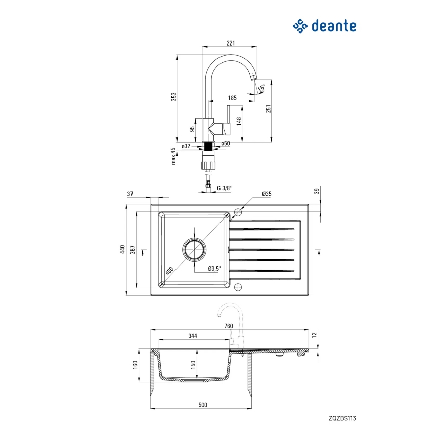 Deante ZQZVN113 - Кухненска мивка ZORBA 76x44 см + гранитен/черен смесител за мивка