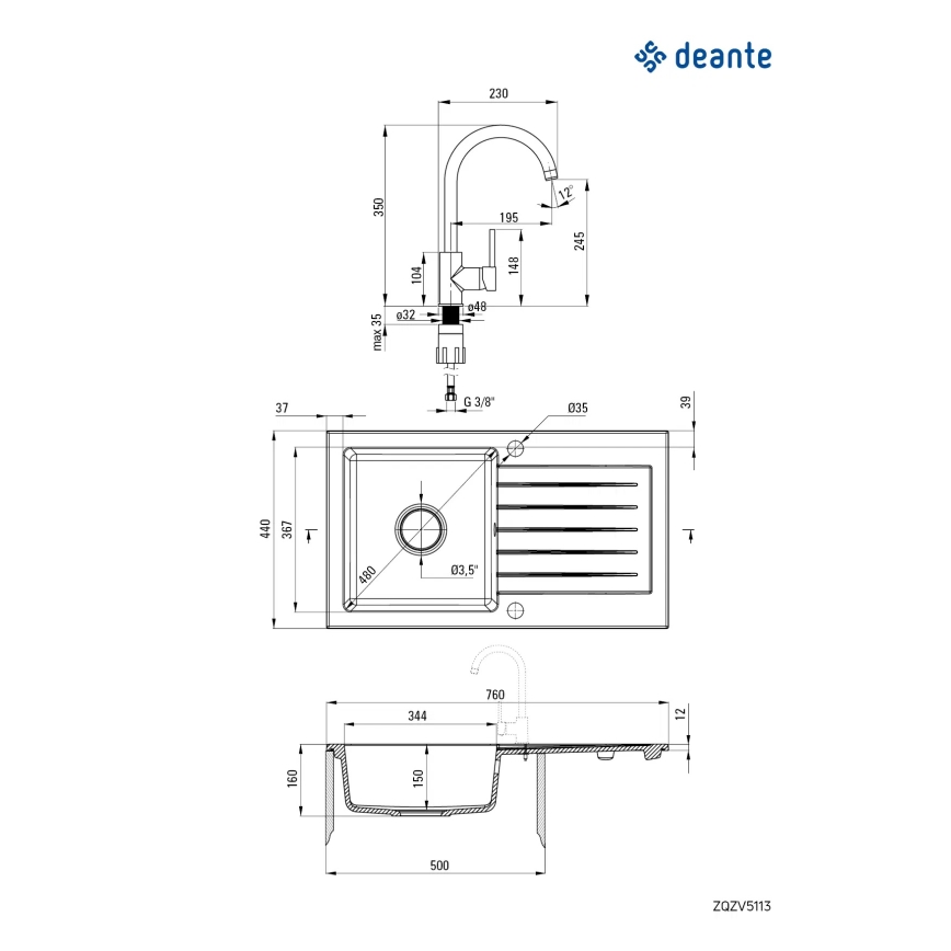 Deante ZQZVT113 - Кухненска мивка ZORBA 76x44 см + смесител за мивка гранит/металик антрацит