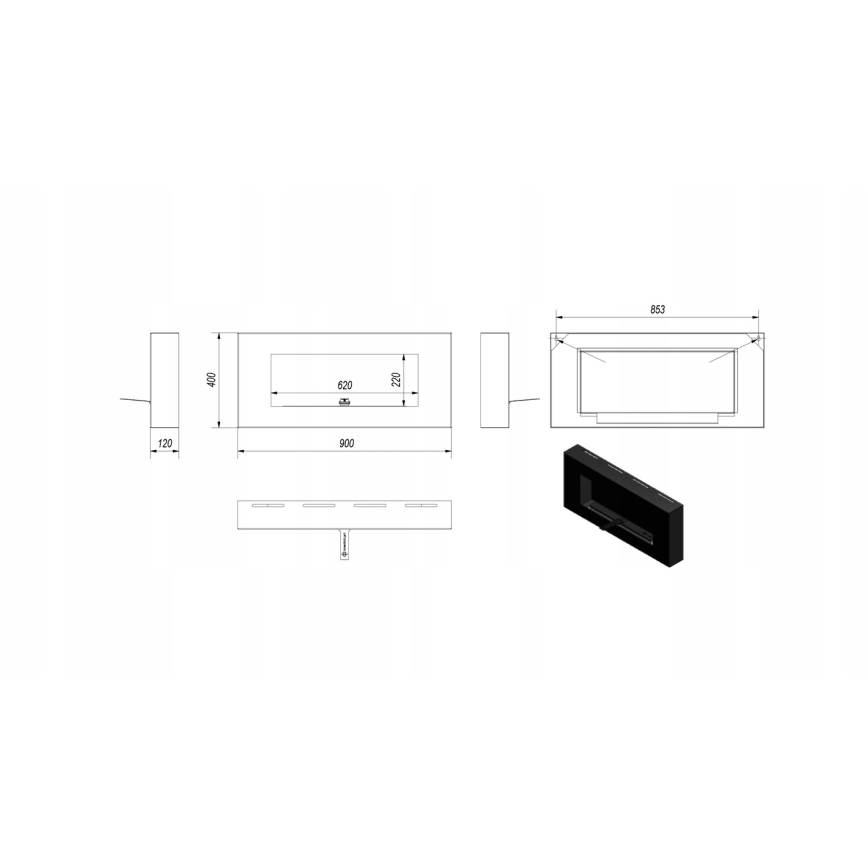 Kratki - Стенен био камина 40x90 см 1,5 kW черен