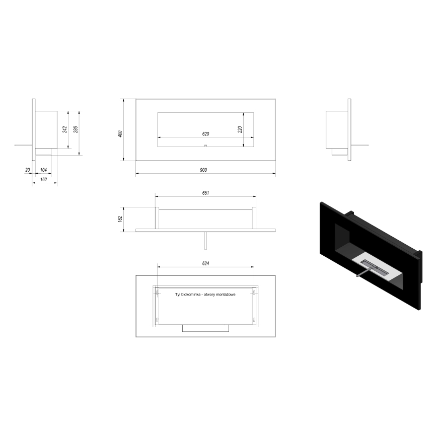 Kratki - Вграден био камина 40x90 см 2kW черен