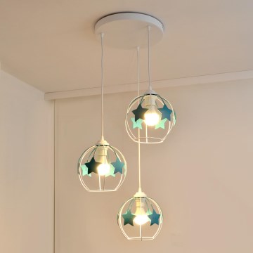 Детски пендел STARS 3xE27/15W/230V тюркоаз/бял