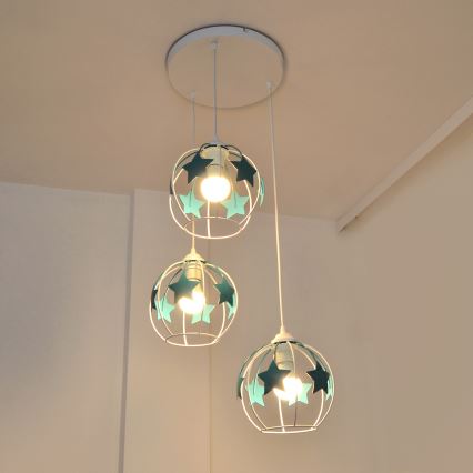 Детски пендел STARS 3xE27/15W/230V тюркоаз/бял