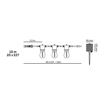 LED димируема соларна декорация STARLIGHT NEO 20xE27/3,7V 2700K IP54 1200 mAh 11,5m + дистанционно управление
