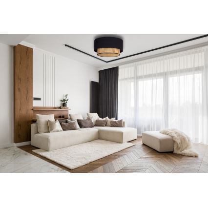 Duolla - Плафон BOHO 1xE27/15W/230V Ø 45 см черен/ратан