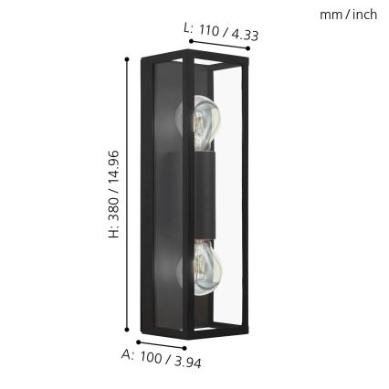 Eglo 33856 - Външно стенно осветително тяло ALAMONTE 2xE27/60W/230V IP44 черно