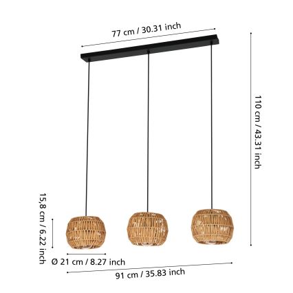 Eglo - Висяща лампа на кабел 3xE27/40W/230V кафява