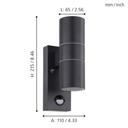 Eglo 79545- LED Екстериорен аплик със сензор ARAPONGAS 2xGU10/2,8W/230V IP44 черен