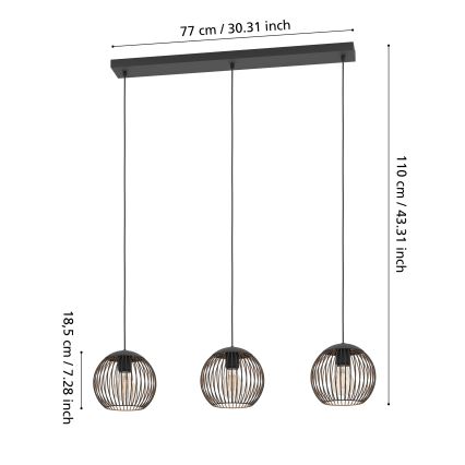 Eglo - Висящ полилей на кабел 3xE27/60W/230V черен