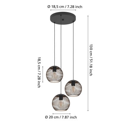 Eglo - Висящ полилей на кабел 3xE27/60W/230V черен
