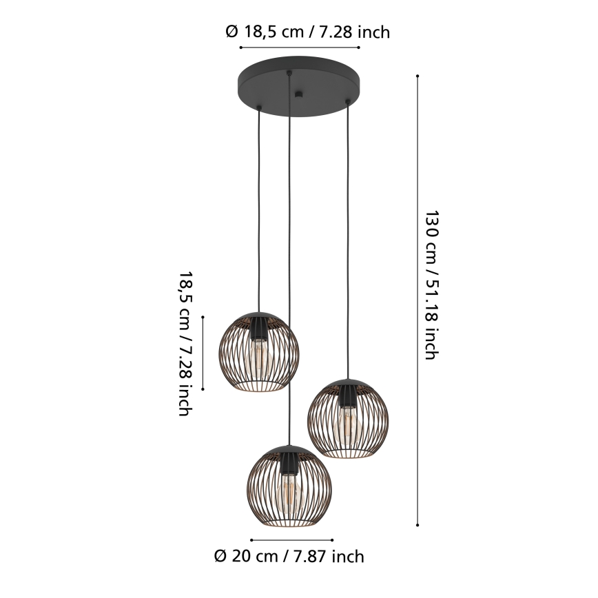Eglo - Висящ полилей на кабел 3xE27/60W/230V черен