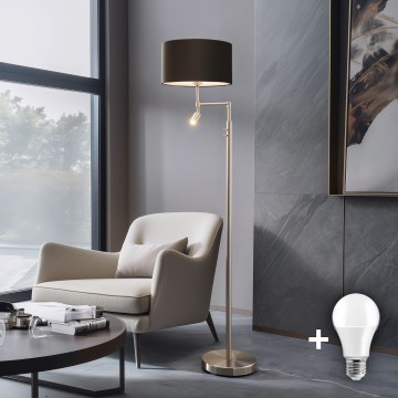 Eglo - LED подова лампа TUNJA 1xE27/60W/230V + LED/2,1W Ø 38 см матов хром/кафяв