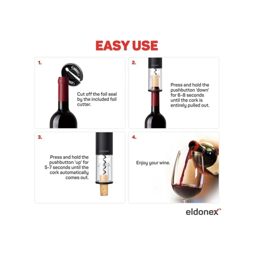 ELDONEX EWO-2100-BK - Електрическа отварачка за вино 4xAA черна