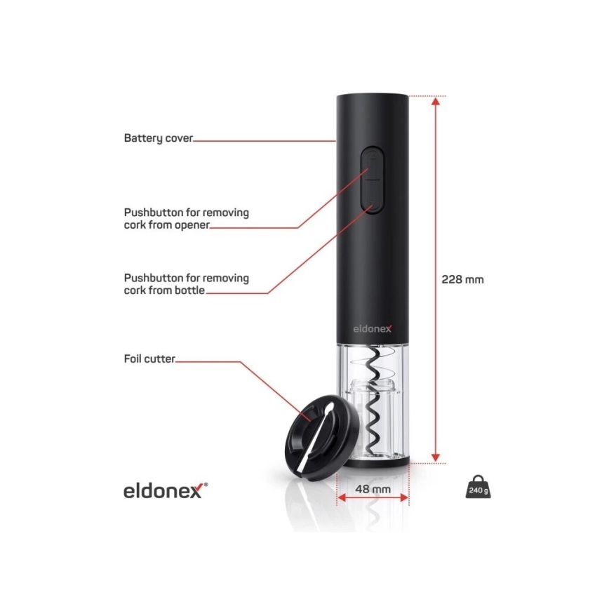ELDONEX EWO-2100-BK - Електрическа отварачка за вино 4xAA черна