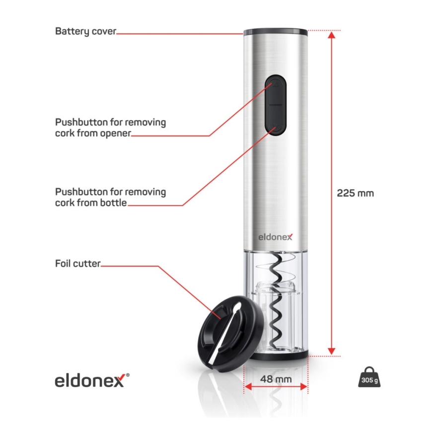 ELDONEX EWO-2200-SL - Електрическа отварачка за вино 4xAA матов хром
