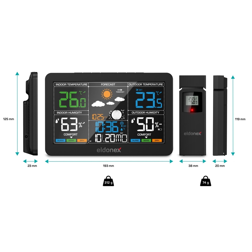 ELDONEX EWS-1010-BK - Метеорологична станция с LCD дисплей 2xAAA черен