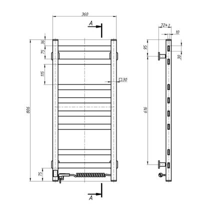 Електрически отопляем кърподържач с термостат AVANGARD 105W 80x36 cm бял дясен